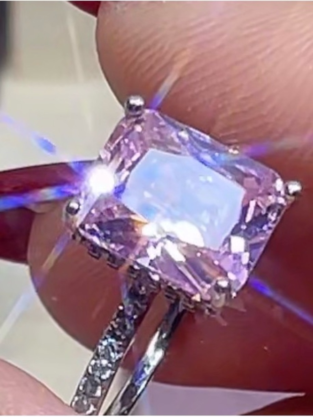 4 Ct Sterling Silver Pink Emerald-Cut Gemstone Moissanite Pave Ring